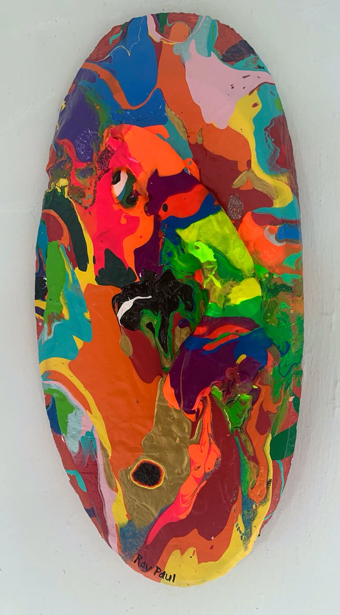 raypaul4's tweet photo. "Mask 5," acrylic, latex and enamel on wood, teeth and bone, 13" x 6" x 2" 2024 #abstractart #abstractpainting #popexpressionism #neonart #mixedmediaart #neonmask https://t.co/G4iq5pxhFD