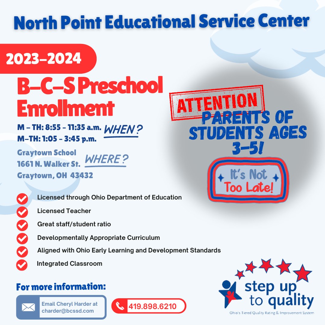 BCS_SchoolDist's tweet photo. Attention Parents of Preschoolers! 🍎✨ There's still time to register your little one with North Point Educational Service Center for preschool! Check out the attached flier for details and help spread the word... 🚀 https://t.co/i0ooW5quB4
