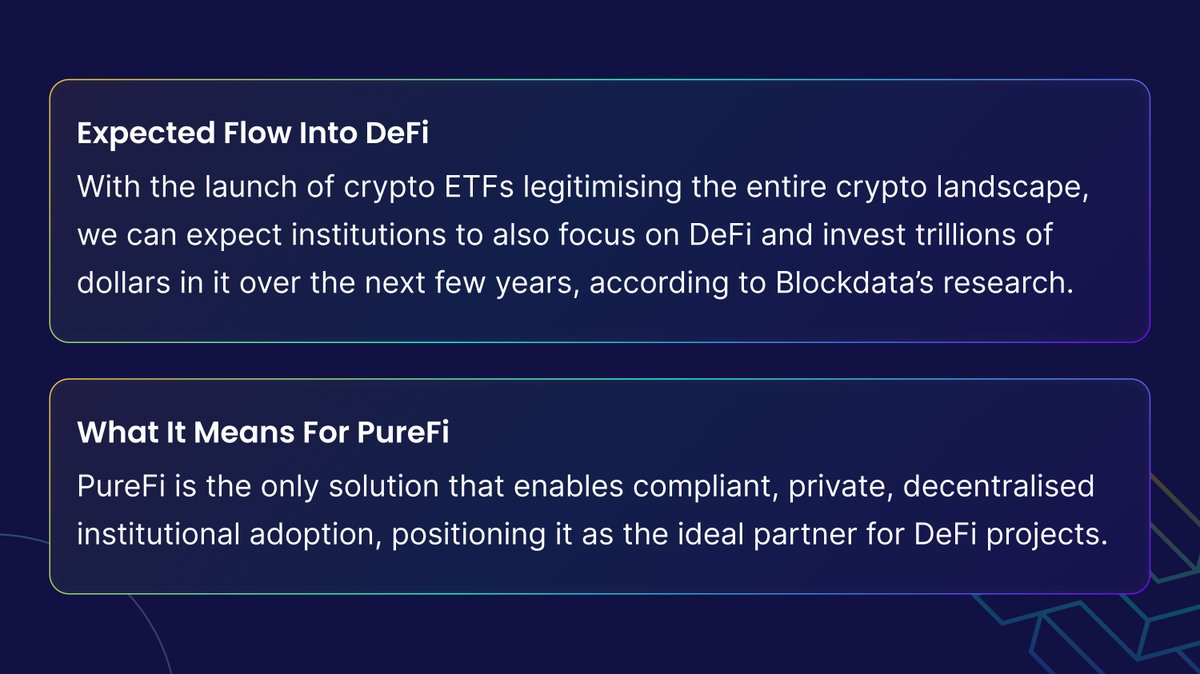 PureFi_Protocol's tweet image. 🏦 Detailed Look At #ETF Impact | #Explainer

The #Bitcoin ETF is knocking on the door, and the #Ethereum ETF may be coming in a few months.

What does this mean for the industry as a whole, and how will it affect DeFi &amp;amp; PureFi?

To keep you updated, we've put it all together ⤵️