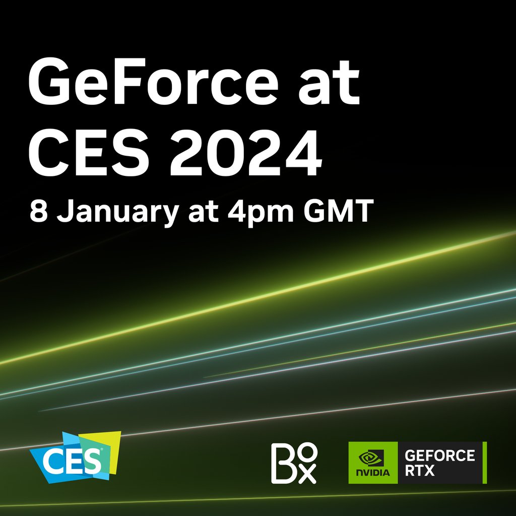 Don't forget to tune into the NVIDIA Special Address today at #CES2024! See how NVIDIA's latest breakthroughs are ready to supercharge, gaming, creating and AI performance with GeForce RTX this year 👀 Tune in here at 4pm today 👇 box.co.uk/nvidia-ces-2024 #CES24 #CES