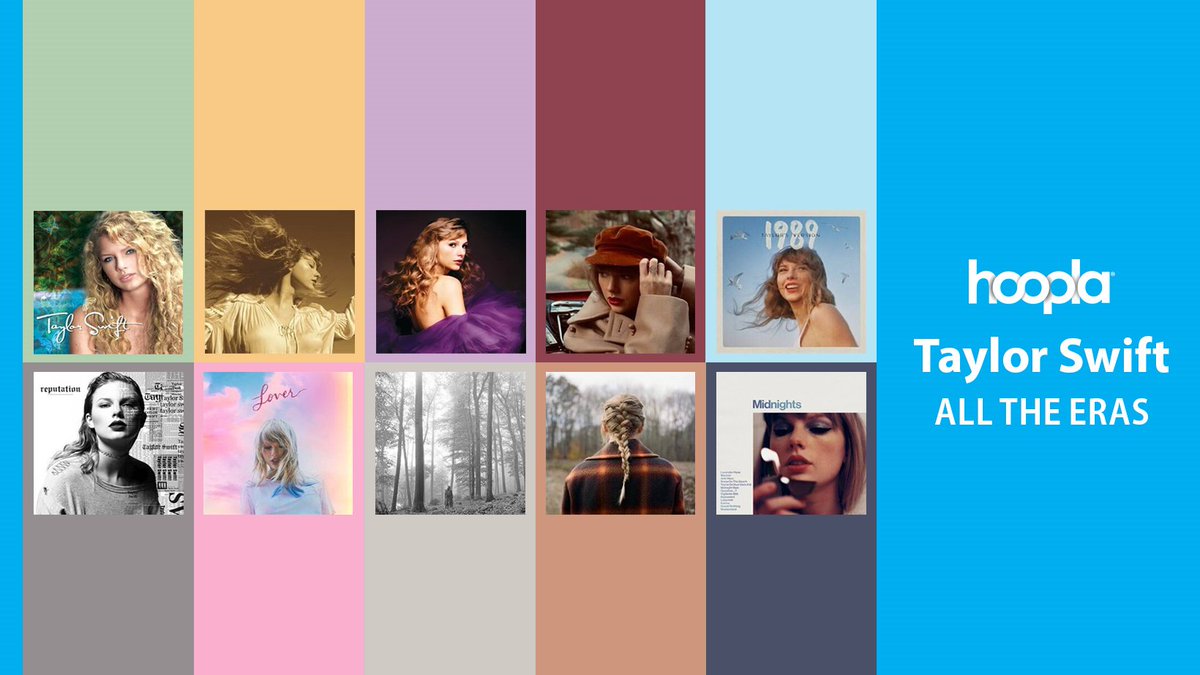 Explore Taylor Swift's iconic music eras all in one place! 🎵🌟 Borrow each full album on hoopla and you can shuffle, skip tracks, or listen from beginning to end. hoopla.app.link/QUpB2bCh4Fb