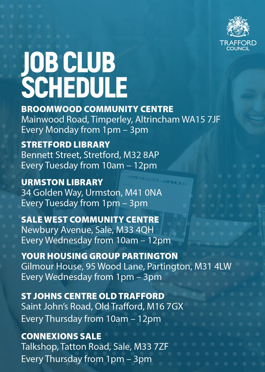 We're pleased to announce that the Job Club will be up and running again from Monday 15th January. 

For your nearest club, visit trafford.gov.uk/jobclubs or check out the attached images.