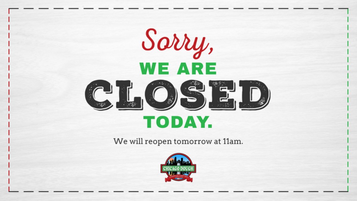 ChicagoDoughCo's tweet photo. ⏰🍕 Just a heads up: we're getting a little R&R today. But fear not! Tomorrow at 11 am, we'll be back and firing up the ovens to bring you those mouthwatering Chicago Dough specialties. We can't wait to see you all again!
#ChicagoDoughRichtonPark #ClosedToday #OpenTomorrow https://t.co/P9L6SHY2Ol