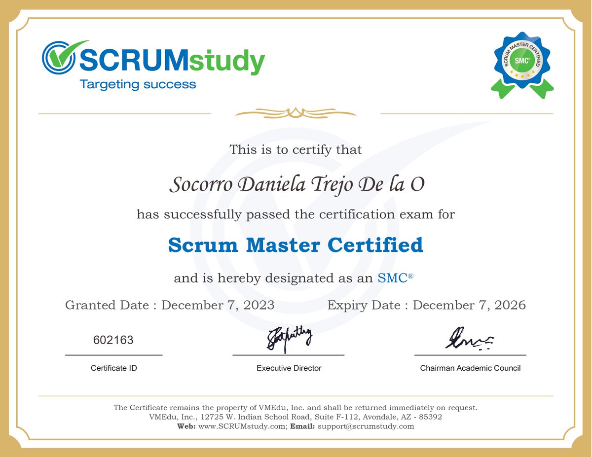 SCRUMstudy_'s tweet photo. Congratulations, Socorro!
May you have continuing successes that bring prosperity and happy things to share! 
We @SCRUMstudy_ are proud to have you as our student. 
_________________ 
#SCRUMstudy #learnscrum #scrum #certification #webinar #smc https://t.co/tGBRaIxIF9