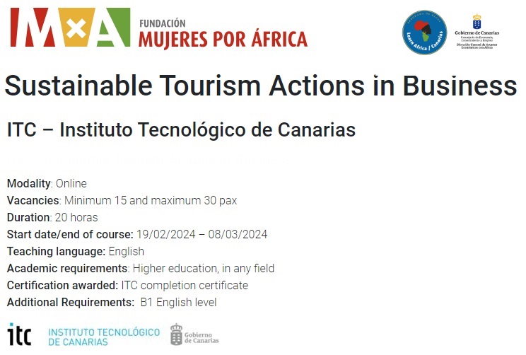 💻Online course 'Sustainable Tourism Actions in Business' hosted by ITC within the #LearnAfrica initiative supported by @MujeresxAfrica @EcoGobCan 

Addressed to university women in Africa with interest in creating a positive impact in the tourism sector
🔗shorturl.at/kvHPZ
