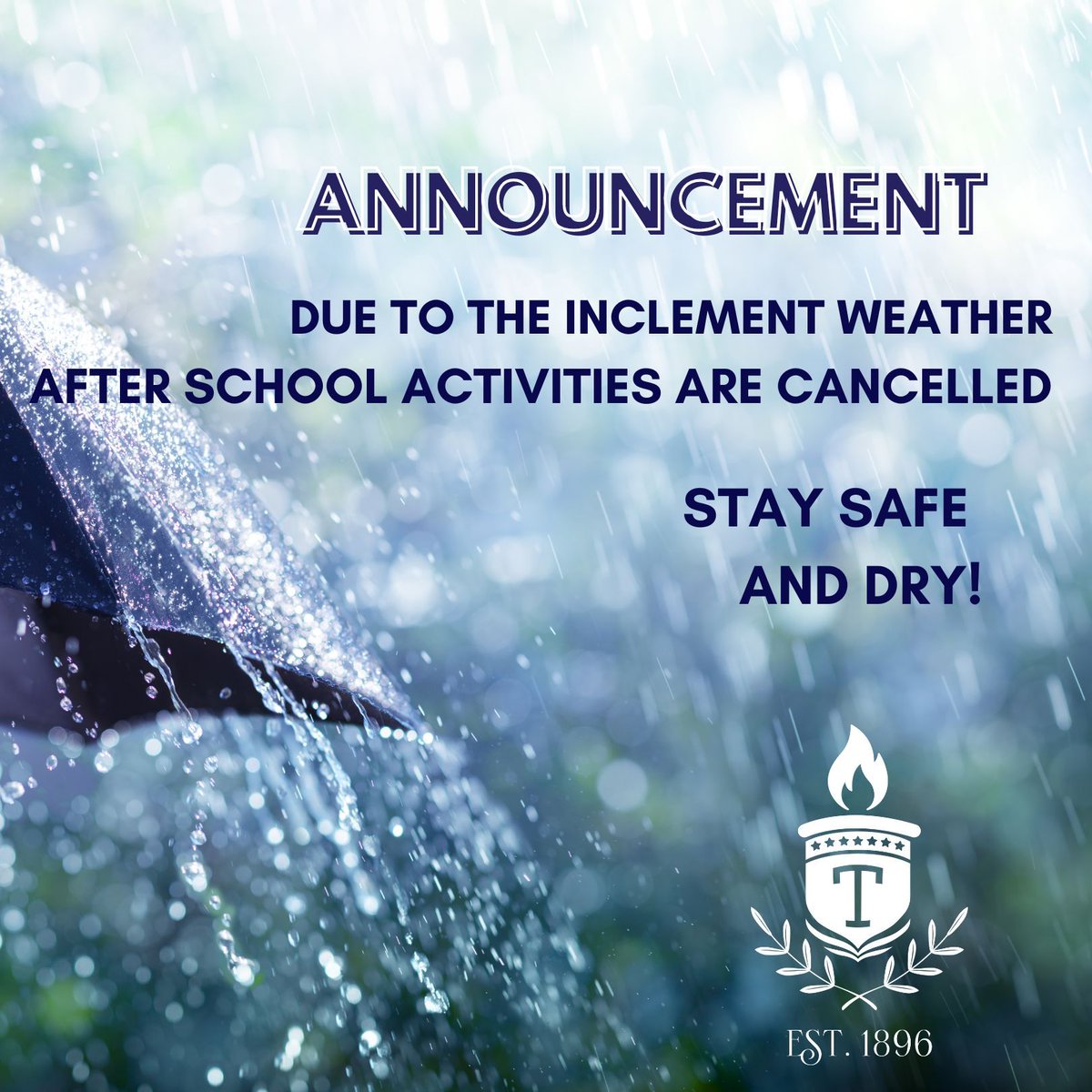 Due to the threat of severe weather Monday afternoon, all after-school events are cancelled. There will be no activities on any school campus Monday, January 8th after 3:00 p.m. This includes all sporting events and/or practices.