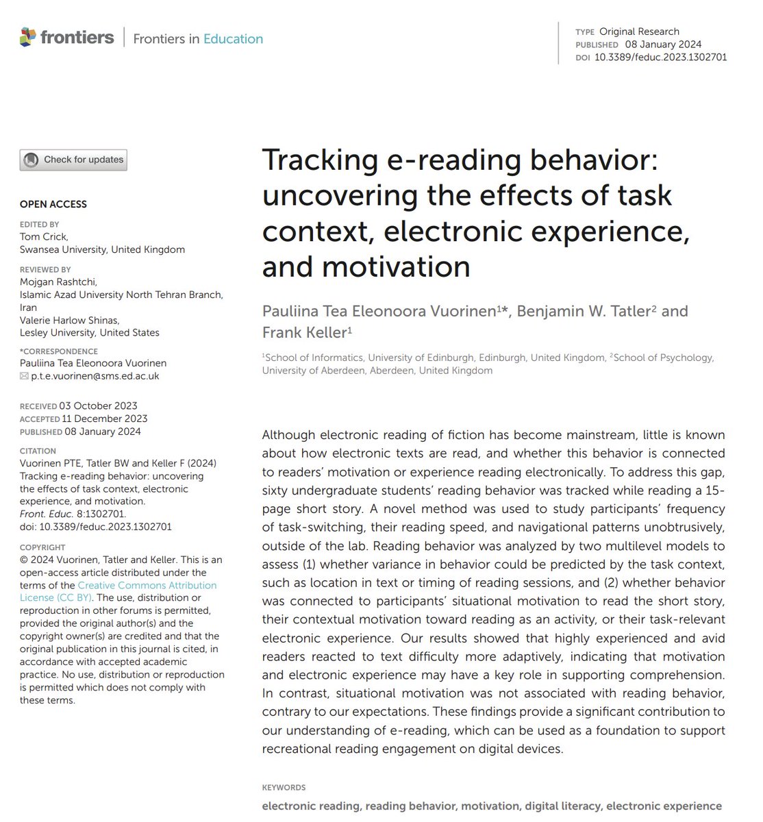PTEVuorinen's tweet photo. Very excited to share my first paper on adults' e-reading behaviour! 🎉🥳🥳 Go check it out here: https://t.co/YDgXjZEJFv #readingresearch #phdlife https://t.co/Y2AlhDSLyG