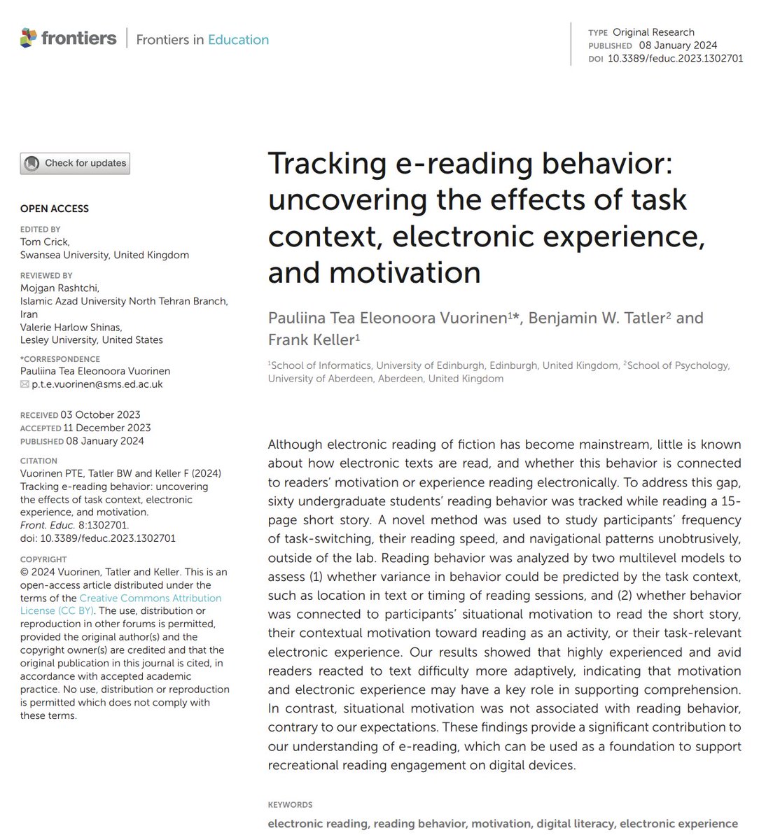 Very excited to share my first paper on adults' e-reading behaviour! 🎉🥳🥳 Go check it out here: doi.org/10.3389/feduc.… #readingresearch #phdlife