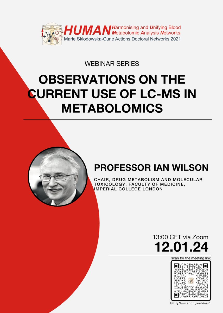 human_dn's tweet photo. Dive into the realm of #metabolomics with us! To kickoff the webinar series of @human_dn we have Prof. Ian Wilson. This invite is open to all! 🕒 Save the date: 12/01/24, 13:00 CET. 📍Zoom Link: https://t.co/Q1yQV7r642 #webinar #LCMS https://t.co/guBBZfzNJy