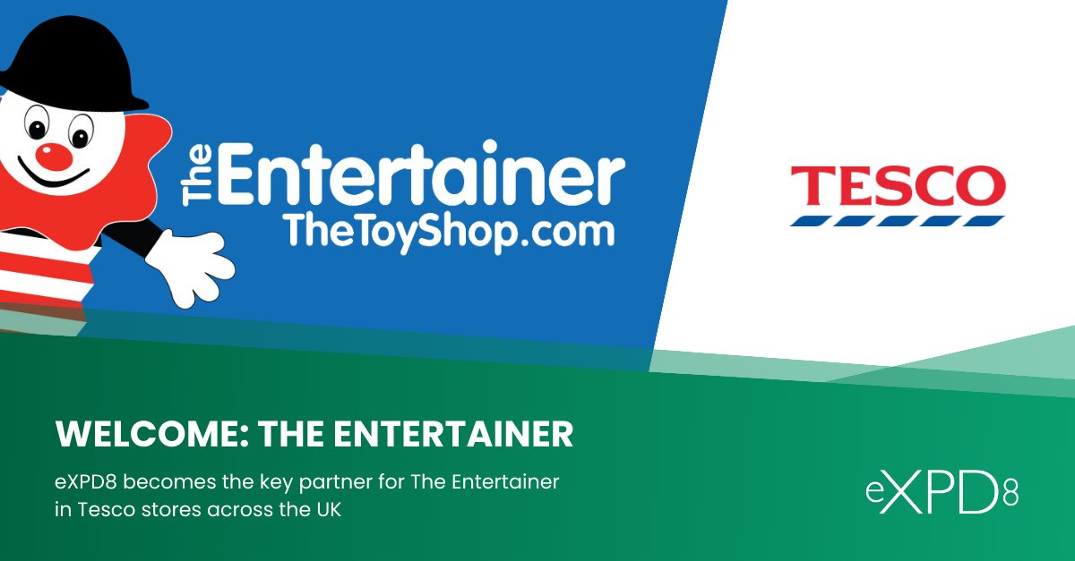 eXPD8_fm's tweet photo. We are delighted to announce that eXPD8 will become The Entertainer's key #fieldmarketing partner across the #Tesco UK estate from March 2024! https://t.co/wn0hCL2OxL #merchandising #retail #BusinessNews #ToyIndustry #win #newbusiness #eXPD8 https://t.co/doFtCDGKrL