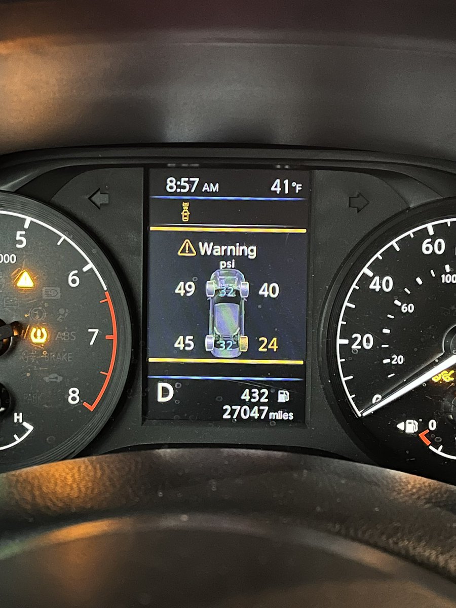 Got my rental from <a href="/Hertz/">Hertz</a> &amp; immediately got a warning message. Not sure if it’s for the under inflated tire or the one inflated to 49 psi 😂😳. Time to find a gas station to remedy all tires.