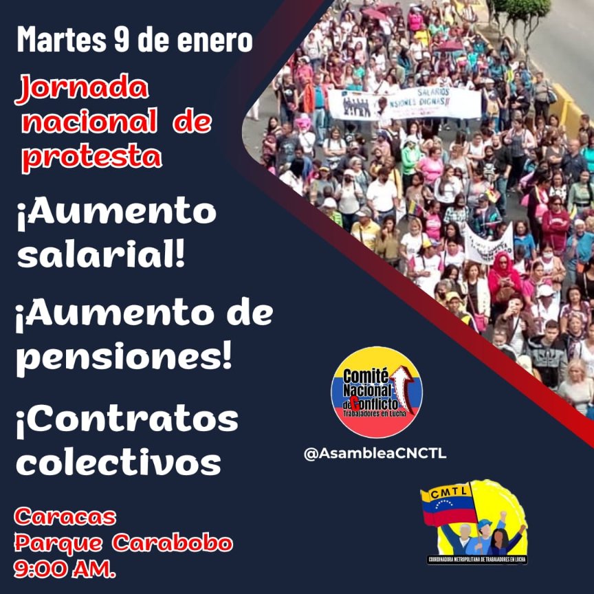 Estados que convocan a la Jornada Nacional de Protesta el 9 de enero

Caracas
Miranda 
Guárico
Aragua
Carabobo
Yaracuy
Lara
Zulia
Sucre
Portuguesa
Bolívar
Barinas
Nueva Esparta
Táchira
Trujillo
Monagas
Amazonas

Comite Nacional de Conflicto de Trabajadores en Lucha CNCTL
