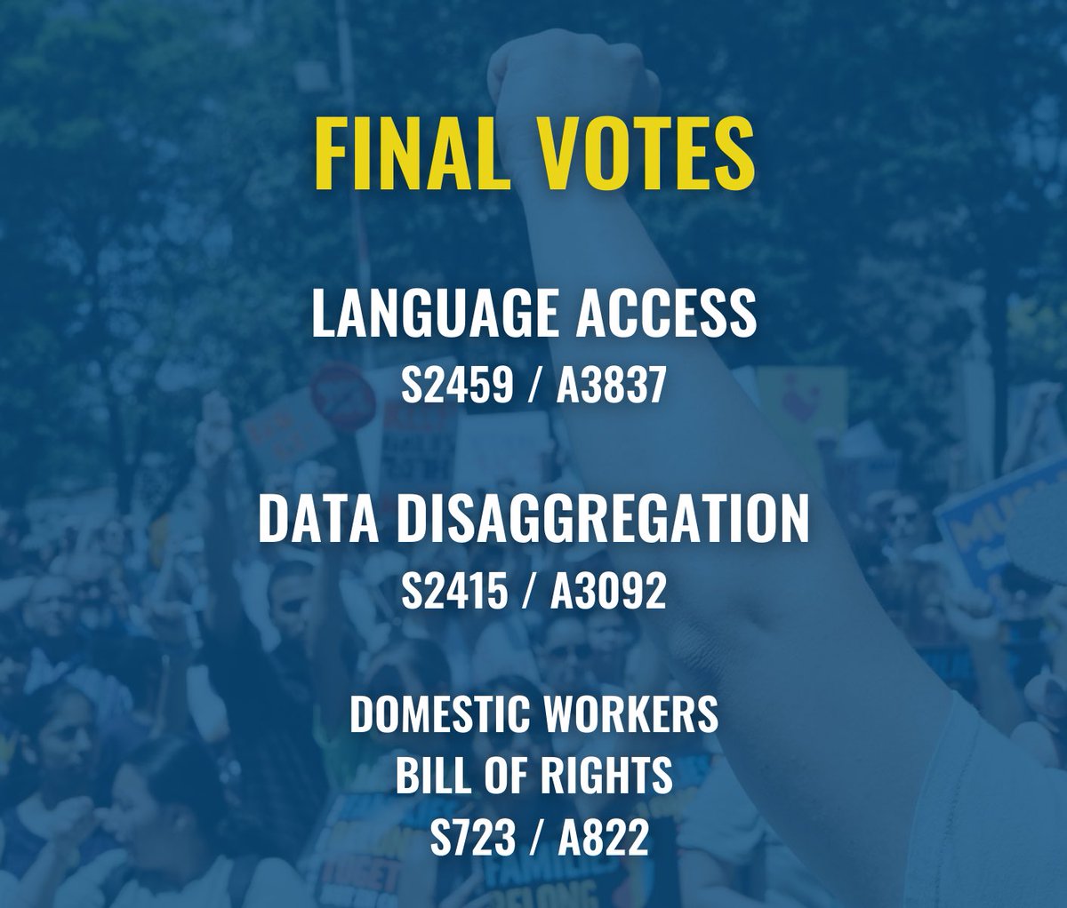 NJAIJ's tweet photo. GOOD MORNING TRENTON!
Today is the final vote on
🎙️#LanguageAccess
#️⃣ #DataDisaggregation
💪🏾 #DomesticWorkers Bill of Rights
Thank you to our communities who have fought for this push and for our sponsors and @SpeakerCoughlin @SenPresScutari for getting us to this moment! https://t.co/FU65X5fbIB