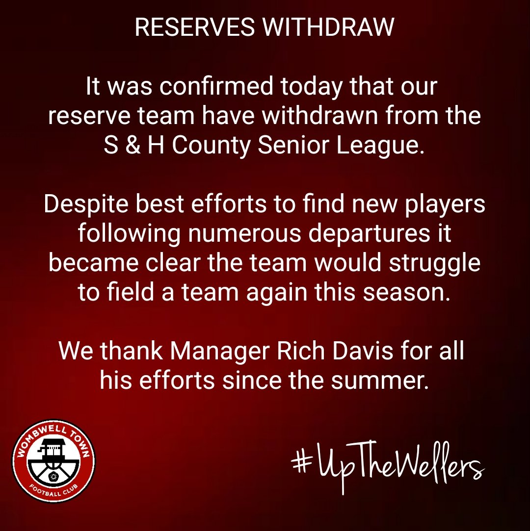 WombwellTownFC's tweet photo. It has been confirmed today that our reserves have withdrawn from the @CountySeniorFL ⤵️ https://t.co/Of5fDMcEaA