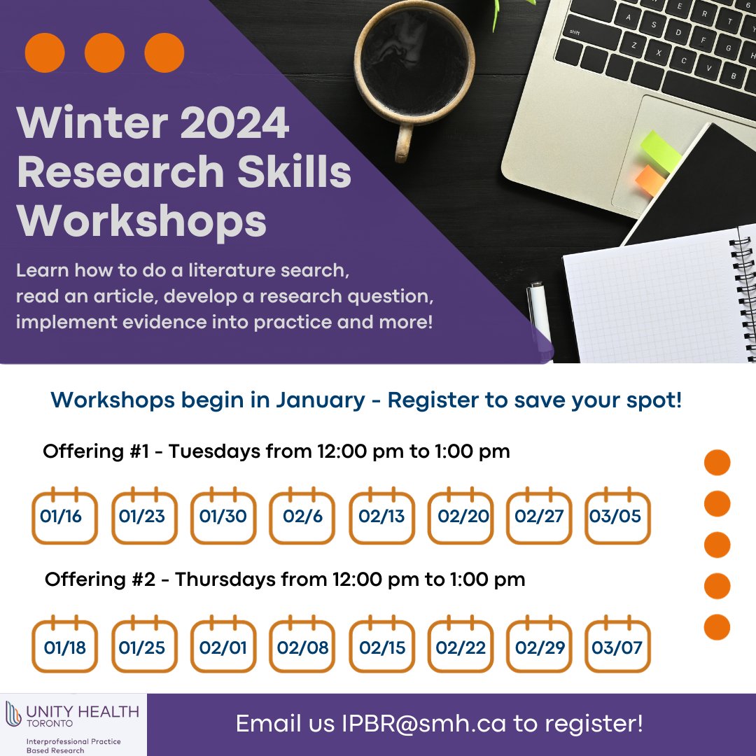 Please join IPBR for our Winter 2024 Research Skills Workshops! Email us at: ipbr@smh.ca to register.