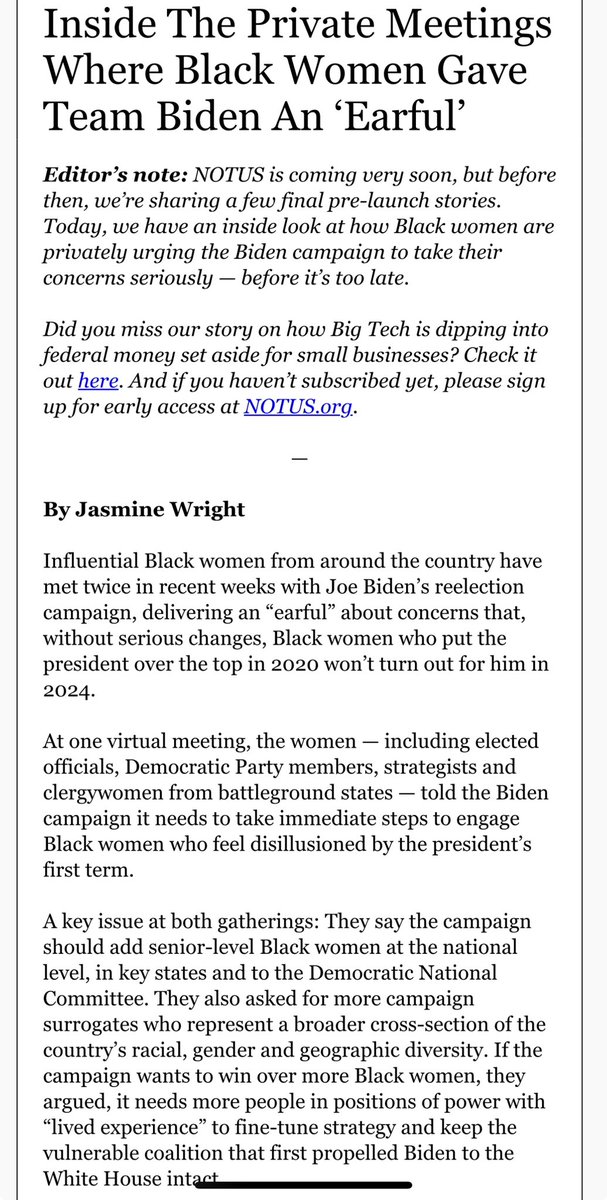 NEW: my first piece for @NOTUSreports — a look inside private meetings with Black women who demanded the campaign hire senior- level Black women (as of now there are none!) and shared concerns for 2024 notus.org/newsletter/000…