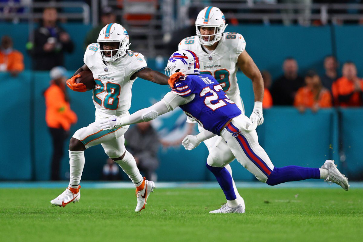FieldYates's tweet photo. Dolphins rookie RB De’Von Achane averaged 7.8 yards per carry this regular season on 103 rushes.

That’s the most yards per rush by any RB with at least 100 rushes since Beattie Feathers averaged 8.4 for the Bears all the way back in 1934.

Special player. https://t.co/0ve7Ijh7jq