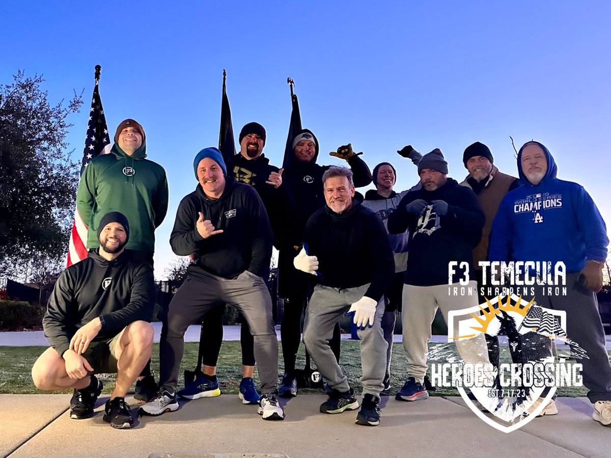 F3 Temecula (@f3temecula) on Twitter photo Monday morning at AO Heroes Crossing!
10 PAX for a 31° Deck of Cards beatdown lead by The Truth. 🥶👊
No better way to start the day!
#f3nation #temecula #mensfitness #menshealth Monday morning at AO Heroes Crossing!
10 PAX for a 31° Deck of Cards beatdown lead by The Truth. 🥶👊
No better way to start the day!
#f3nation #temecula #mensfitness #menshealth