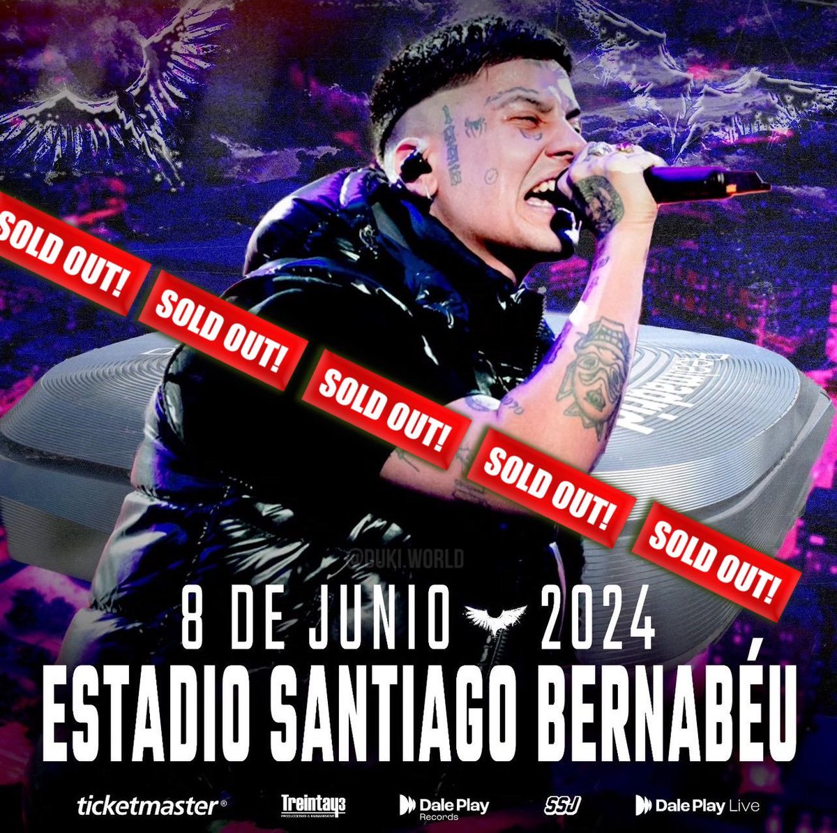 porqueTTarg's tweet photo. "Duki": 

Porque en tan solo un día logró hacer sold out para su show en el Santiago Bernabéu, estadio con capacidad para más de 80 mil personas. https://t.co/qOKYgFpIww