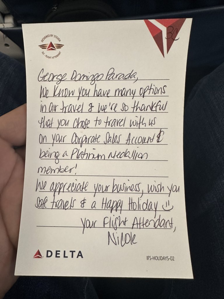 gparada11's tweet photo. Nice gesture from @Delta on my flight today. Why I continue flying them as they are the best in the business. #keepclimbing #deltaairlines https://t.co/AD6qril9Lw