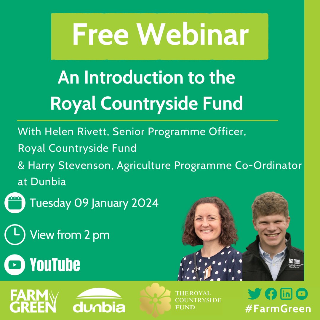 DunbiaGroup's tweet photo. 👇Our latest #FarmGreen webinar with guest Helen Rivett,Senior Programme Officer at @countrysidefund goes live at 2pm tomorrow, Tuesday 09th of Jan here: https://t.co/JIH3e13SYJ
Watch to find out about the support & resources they provide to rural communities throughout the UK🐄 https://t.co/rdAzYMo8VO