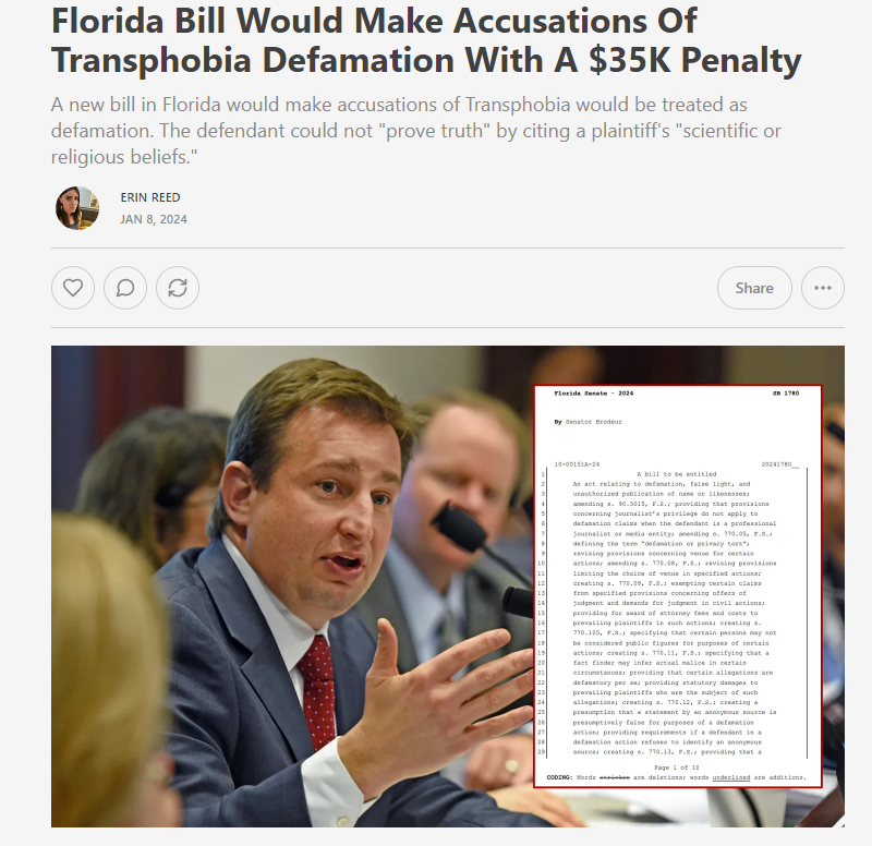 ErinInTheMorn's tweet photo. 1. Call somebody transphobic or homophobic in Florida? You may have to pay $35K under a new Florida bill.

Accusations of "transphobia, homophobia, sexism, or racism" would be defamation.

You could not use their "religious" or "scientific" beliefs.

Subscribe to support my work. https://t.co/oXDUYTjApR