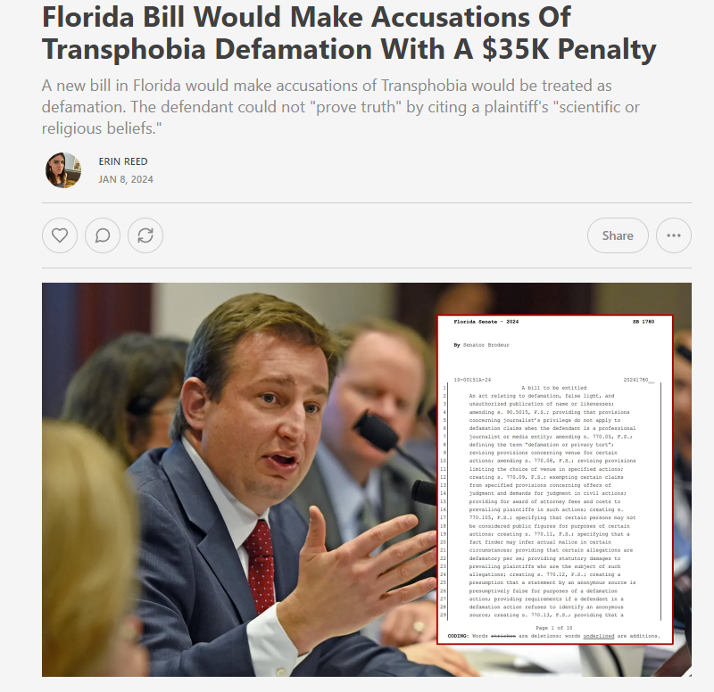 1. Call somebody transphobic or homophobic in Florida? You may have to pay $35K under a new Florida bill. Accusations of 'transphobia, homophobia, sexism, or racism' would be defamation. You could not use their 'religious' or 'scientific' beliefs. Subscribe to support my work.