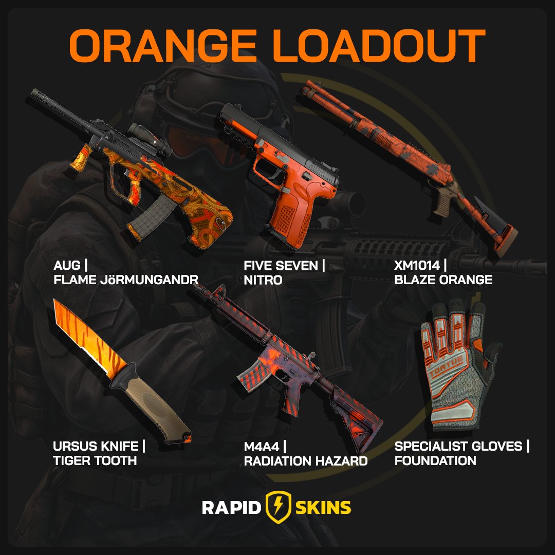 rapidskinscom's tweet photo. 💰 LOADOUT GIVEAWAY 💰

Comment below which item you would swap into this Orange Loadout 👀

One person that Likes & Comments will win $20 ⚡️