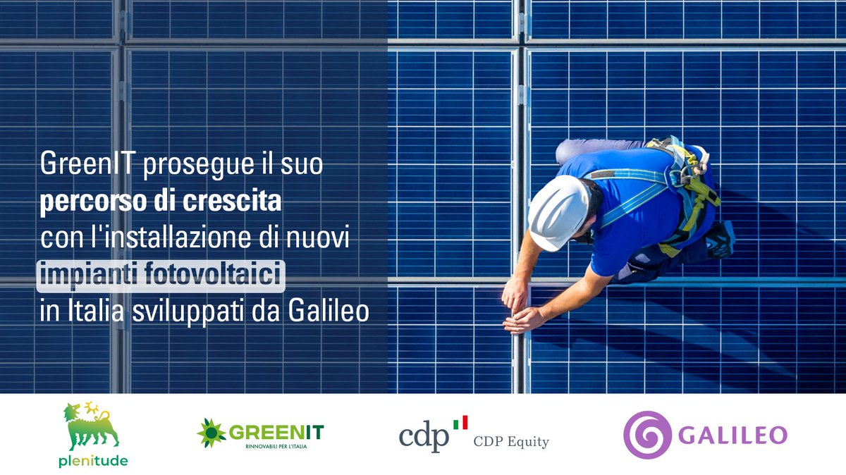 GruppoCDP's tweet photo. ⚡️ #GreenIT, joint venture tra #CDPEquity e #Plenitude, ha siglato un accordo con Galileo, piattaforma paneuropea per energie #rinnovabili, per realizzare 8 nuovi progetti fotovoltaici in 🇮🇹, capaci di produrre complessivamente 140 MW. 👇
➡️ https://t.co/xpcymP7Evx https://t.co/QJHrxaU2KO
