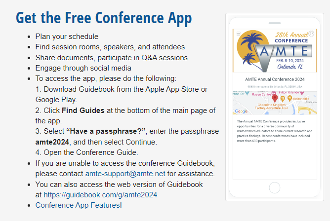 2024 <a href="/AMTENews/">AMTE</a> conference attendees, be sure to download the 2024 program via Guidebook! Guidebook will be updated frequently throughout the conference.

If you prefer a paper version of the program, you can check it out here: bit.ly/2024Program