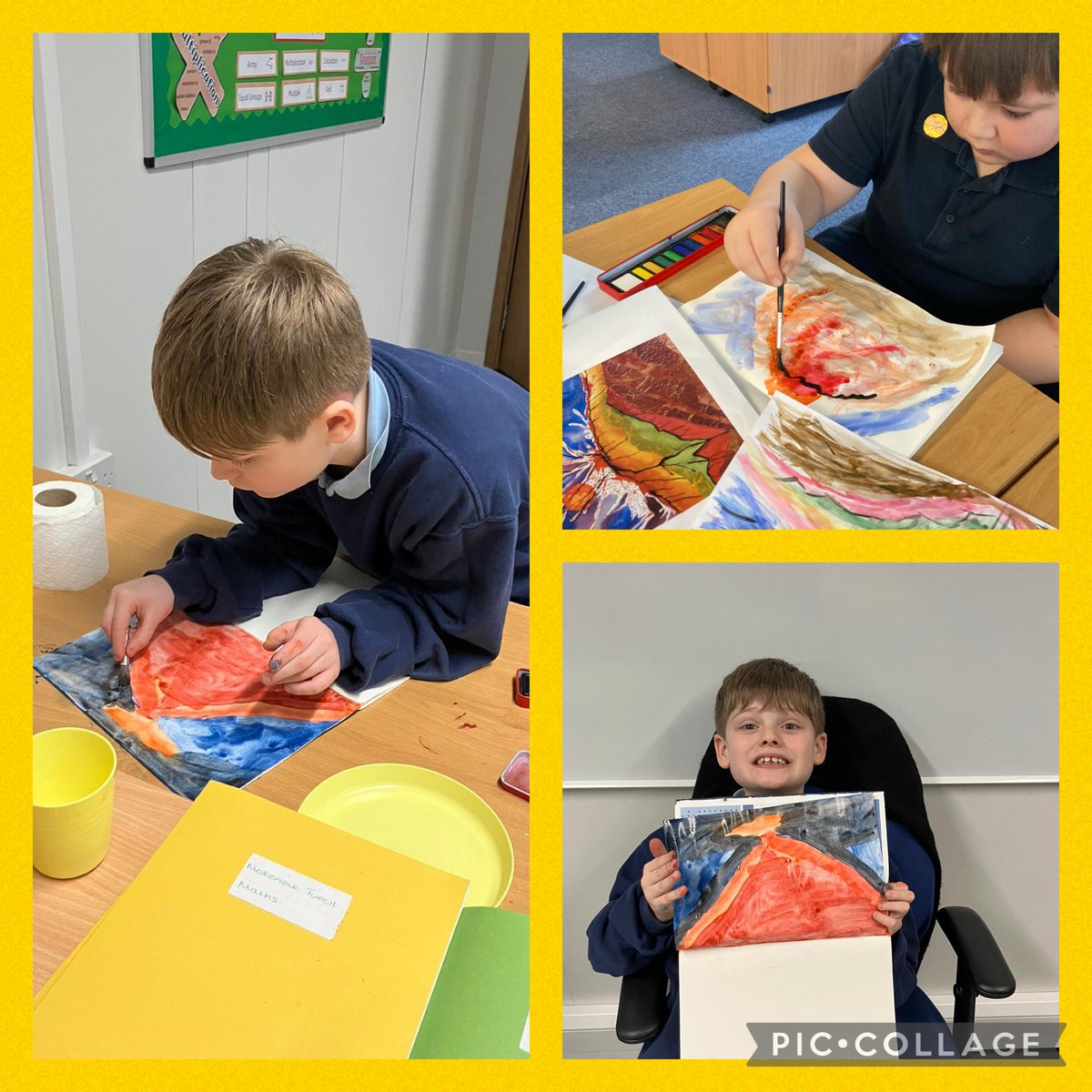 RowansPrimary's tweet photo. Some super Volcanic artwork in the style of Margaret Godfrey.  The class worked hard to try to blend the colours in a similar way to the original artist 🧑‍🎨 @TheRowansAP #primaryart #margaretgodfrey https://t.co/xasZZSF3tm