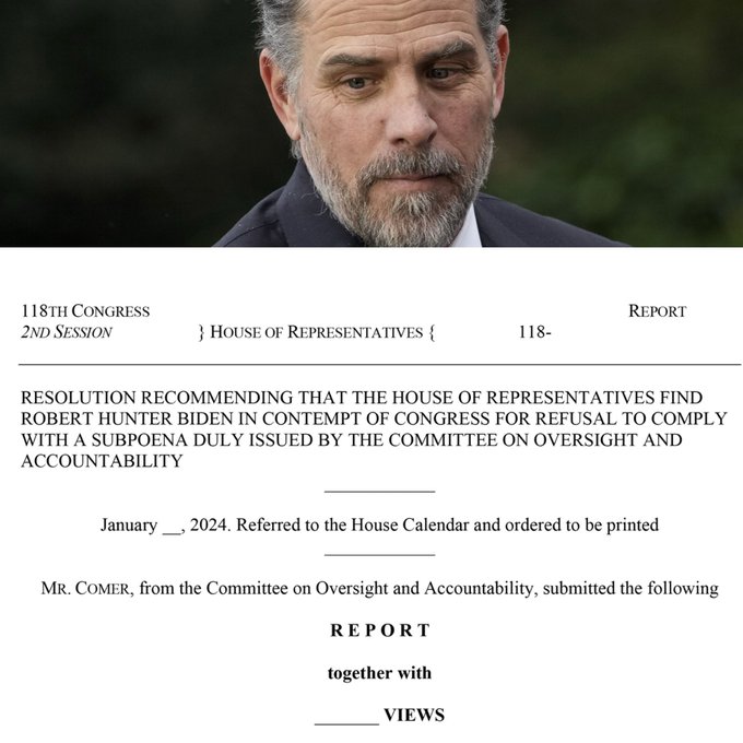 Chris59830617's tweet photo. #BreakingNews: Hunter Biden to Face Contempt Charges as House GOP Pursues Subpoena Defiance in the Biden Impeachment Inquiry. Judiciary & Oversight Committees Prepare to Vote on the President's Son's Charges. #HunterBidenContempt #ImpeachmentInquiry #GOPAction https://t.co/2Z1MDEDHlM