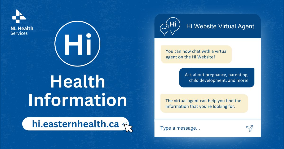 NL_HealthServ's tweet photo. You can now chat with a virtual agent, powered by artificial intelligence (AI), on the Health Information (“Hi”) website!

Ask the virtual agent about parenting, pregnancy, child-development, and more.

Check it out: https://t.co/Mno0Q7kzy7 https://t.co/wKAS1n0Bio