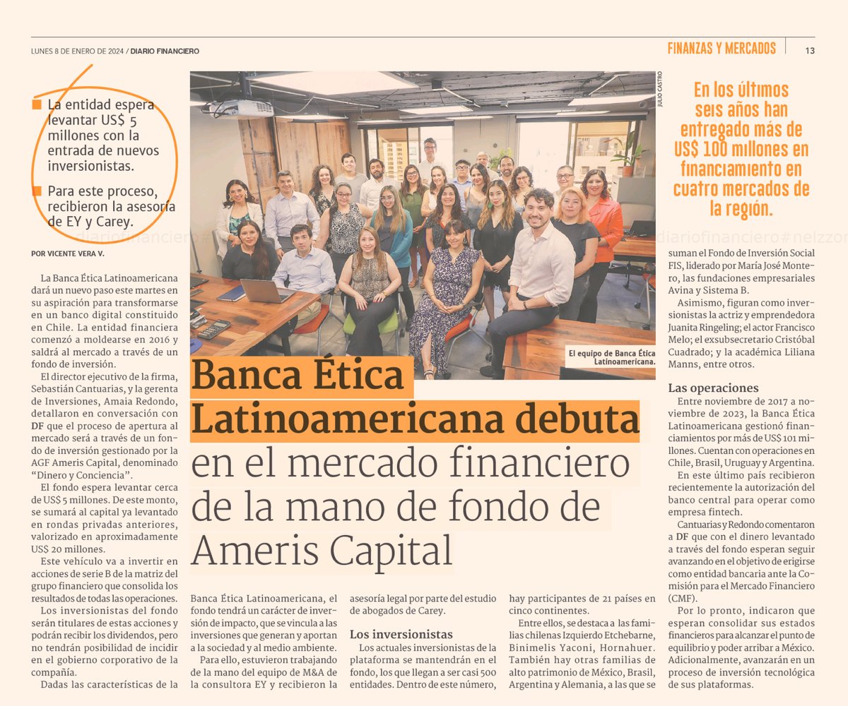 <a href="/DFinanciero/">Diario Financiero</a> destaca en su edición de hoy 8 de enero de 2024, la noticia de nuestro debut en el mercado financiero. El fondo espera levantar cerca de US$ 5 millones.
