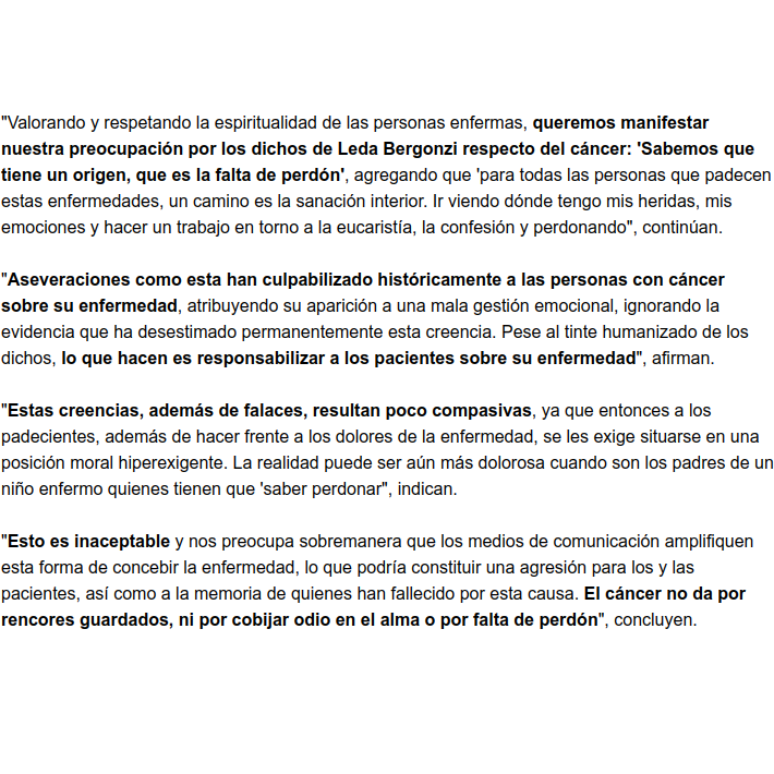 Docentes en bioética critican dichos de "sanadora de Rosario" #LedaBergonzi sobre enfermos de cáncer: "Es inaceptable", "culpabiliza", "falaz y poco compasiva".
Ella: "Sabemos que tiene un origen, que es la falta de perdón"
emol.com/noticias/Tende…