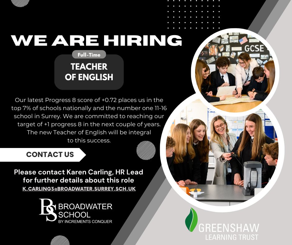 We are hiring!  Come and join our team at Broadwater School and be part of the Greenshaw Learning Trust.  Visit our school website for more information.
broadwater.surrey.sch.uk/page/?title=St…
Application deadline is February 2nd, 2024.
<a href="/GreenshawTrust/">Greenshaw Learning Trust</a> <a href="/gltrecruitment/">Greenshaw Learning Trust Recruitment</a>