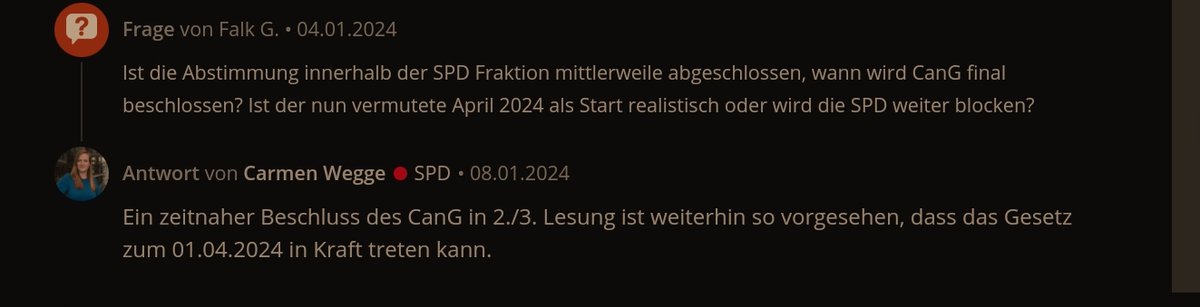 Das schrieb Frau @CarmenWegge heute(08.01.24) auf Abgeordneten Watch.... Laut Ihrer Aussage, soll es beim 01.04. bleiben! 
#Cannabis #Legalisierung #CanG #CanGjetzt #Eigenanbaustraffrei #EntkrimihalisierungSofort #THC #AlleDreiMinuten #WirSindNichtKriminell