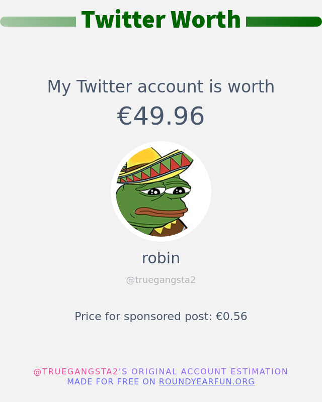 truegangsta2's tweet photo. Mon twitter vaut: €49.96

➡️ https://t.co/B4hE9VZI7E https://t.co/FXhoqbpRJ3
