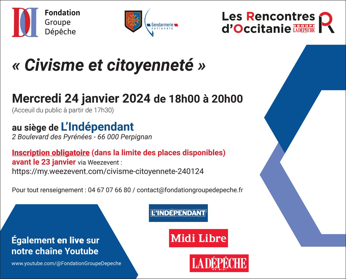 Assistez à notre prochaine table ronde, organisée en partenariat avec la #GendarmerieOccitanie, sur le thème "Civisme et citoyenneté"

🗓 24 janvier, de 18h à 20h
📍 L'Indépendant, Perpignan (+ Live sur YouTube)

Inscription obligatoire : my.weezevent.com/civisme-citoye…

<a href="/mfmbaylet/">M-F Marchand-Baylet</a>