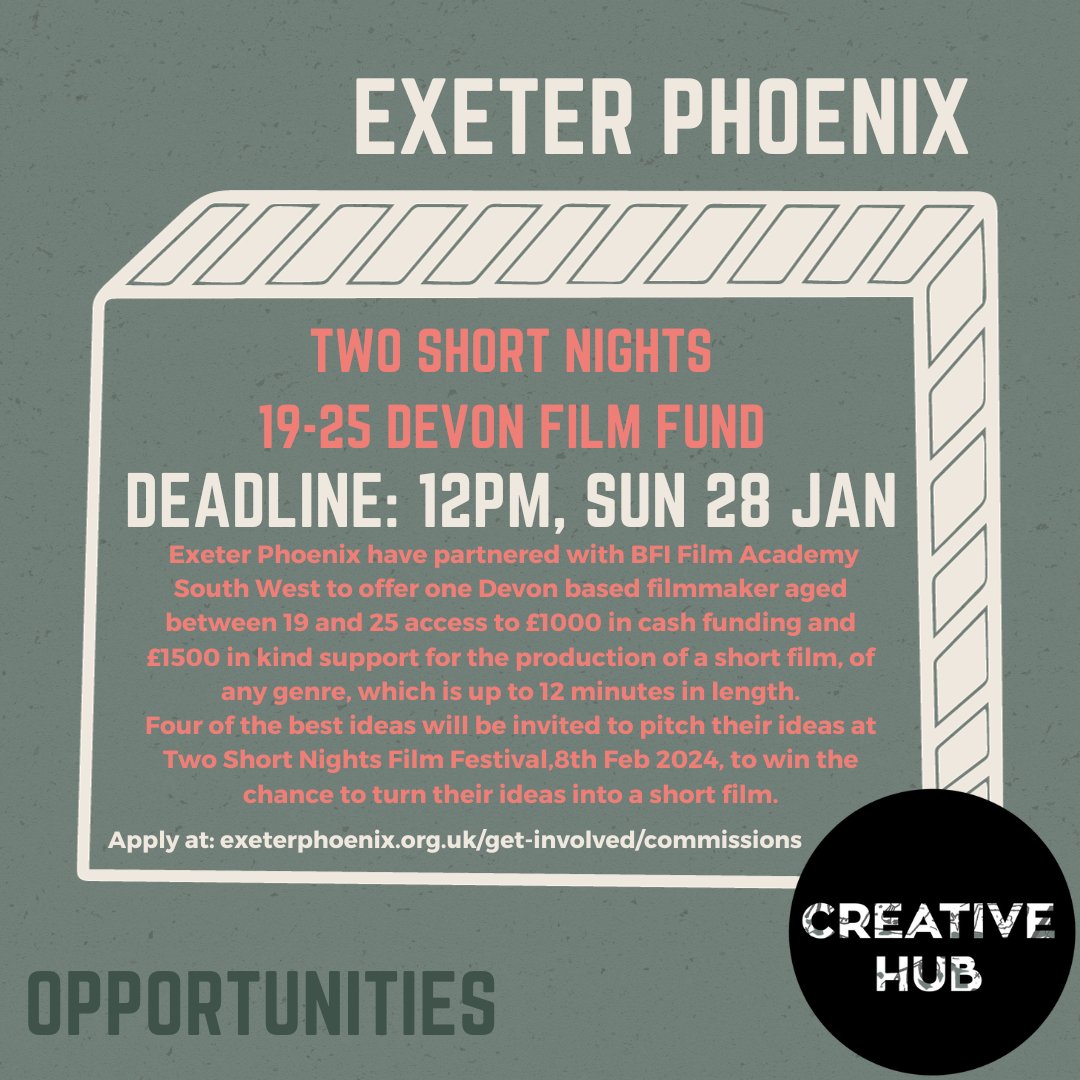 19-25 Devon Film Fund | Deadline: 12pm, Sun 28 Jan

We have partnered with <a href="/FilmAcademySW/">BFI Film Academy South West</a> to offer one Devon based filmmaker aged 19 - 25 access to £1000 funding + £1500 in-kind support for the production of a short film, up to 12 mins in length.

Head to our website to apply! 🔗