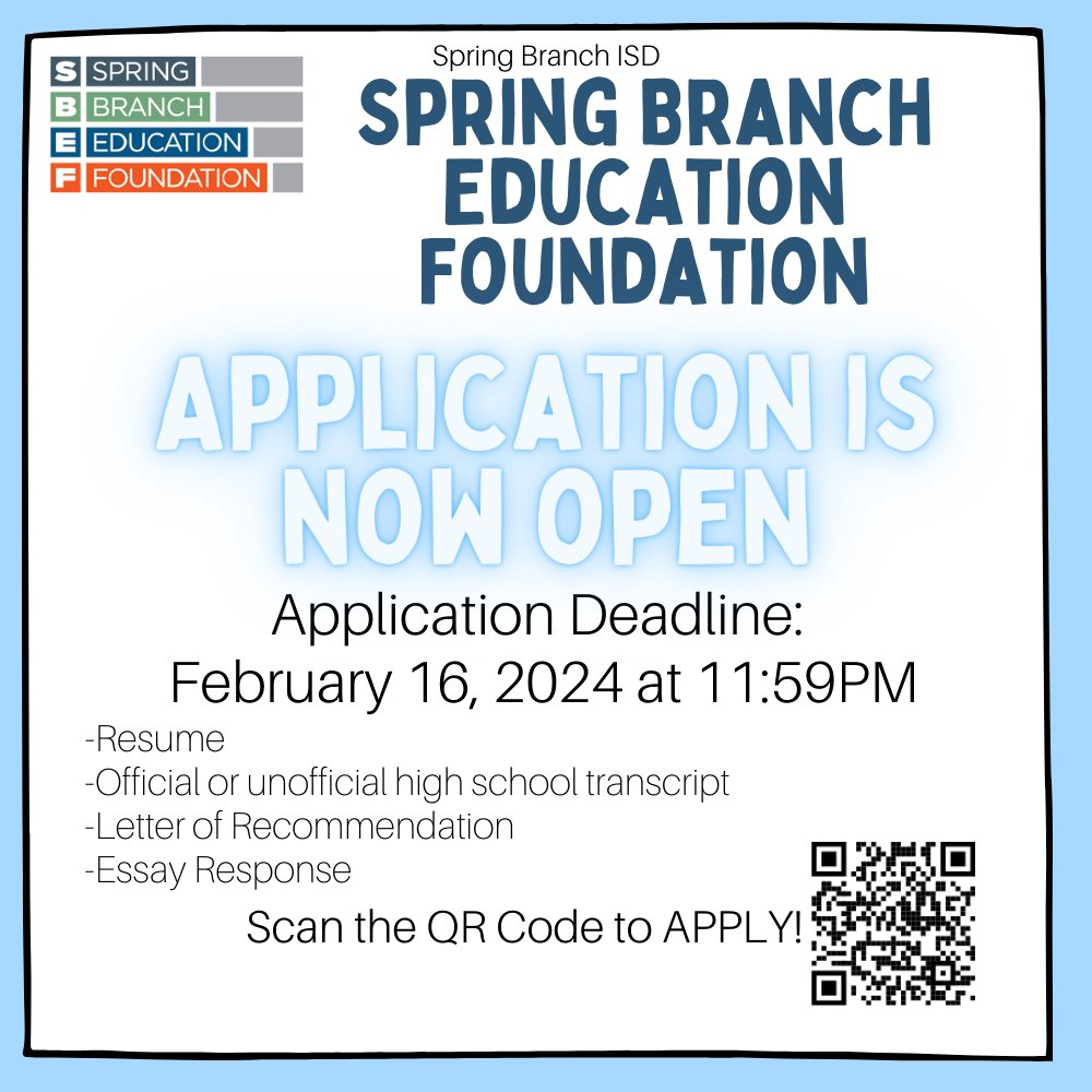 sbisd_t24's tweet photo. SBISD seniors, apply now for the Spring Branch Education Foundation Scholarship! The program aims to help graduates attain a technical certificate, military training, or a two-year or four-year degree (T-2-4). Apply now for this amazing opportunity!
#SBISD #T24 #SBEF https://t.co/6TI1SIsSkH