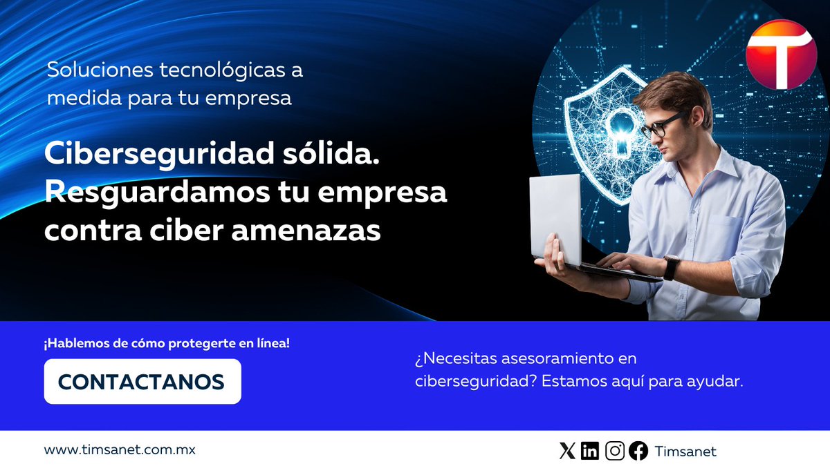 🔒 Protege tu negocio en el mundo digital con TIMSANET. Somos líderes en ciberseguridad, con 20 años de experiencia defendiendo a empresas como la tuya. Desde la prevención de amenazas hasta la defensa activa💻✨ #Ciberseguridad #ProtecciónDigital #TIMSANET