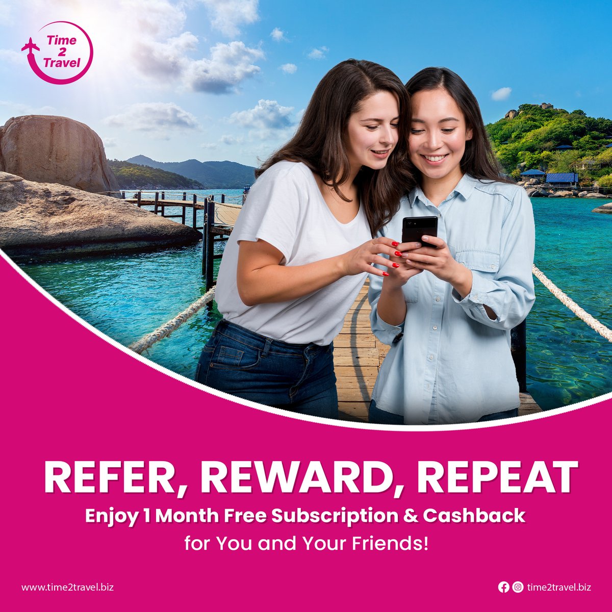 Unlock a cycle of rewards with Time2Travel! 🌍✨ Refer, Reward, Repeat: Enjoy 1 Month Free Subscription and Cashback for both you and your friends. 

#Time2Travel #ReferralRewards #AdventureAwaits #ReferralProgram #TravelRewards #FlyWithBFICoin #BeyondBorders #BFIC #Cheapflights