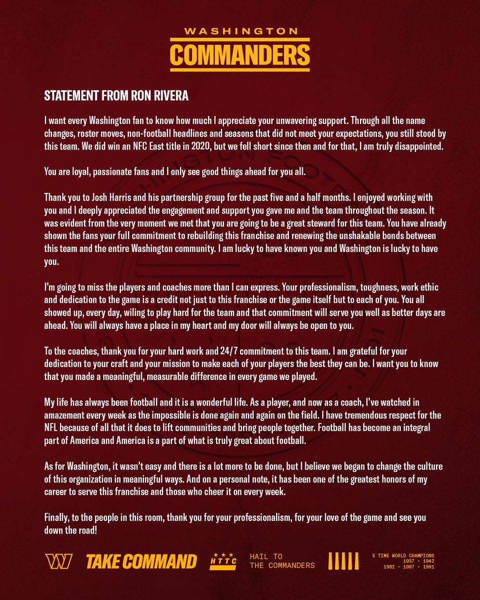 Commanders's tweet photo. Statement from Ron Rivera https://t.co/jQ0Pv482ee