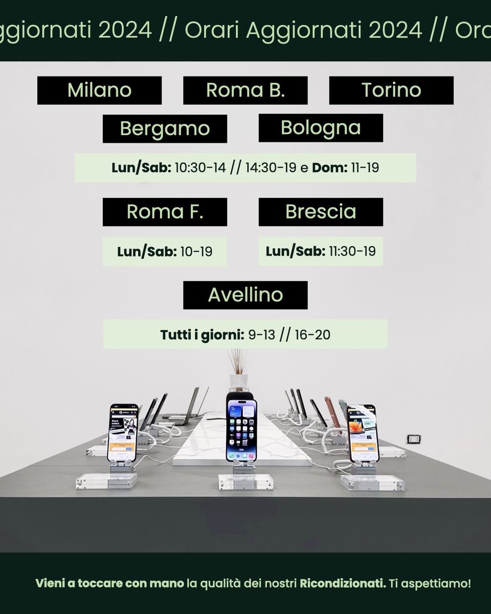 TrenDevice's tweet photo. Ci vediamo in Store! ⏰ Scopri gli orari aggiornati!
Qual è il Negozio #TrenDevice più vicino a te?
Negli ultimi 3 anni abbiamo inaugurato 8 TrenDevice Store in tutta la penisola 🇮🇹 Quale sarà il prossimo? https://t.co/q8zQCOl15d https://t.co/LxUmMgdPAX