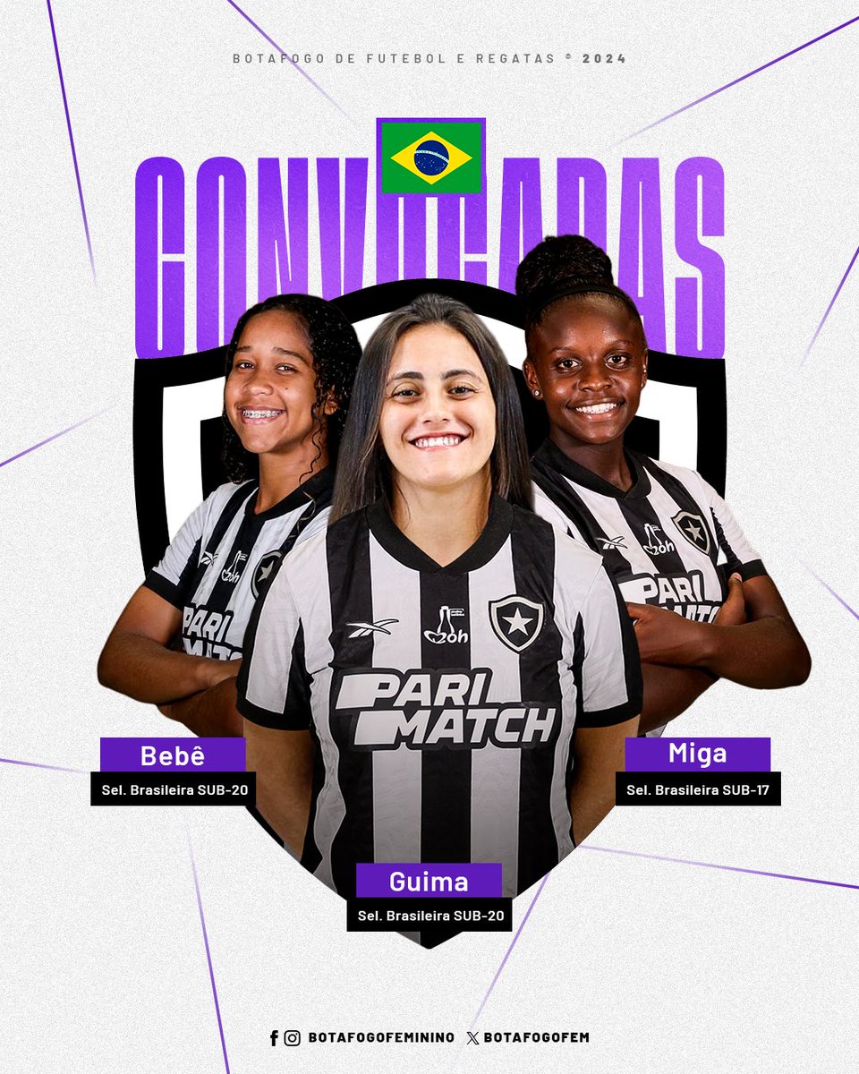 BotafogoFem's tweet photo. Crias na Seleção! 🇧🇷

Guima e Bebê, lateral e meia das #CriasGloriosas, foram convocadas para a Seleção Feminina Sub-20, e a atacante Miga para a Seleção Feminina Sub-17! As atletas representarão o Botafogo em período de treinamentos na Granja Comary, de 17 a 28 de janeiro. 🔥⚽ https://t.co/KphAWDo2AJ