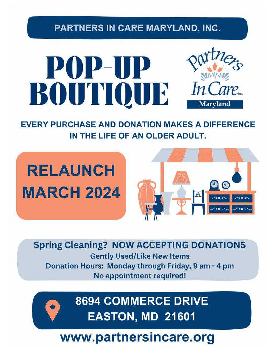 Partners In Care, Maryland Mid Shore Office is looking forward to receiving donations for our pop-up boutique as we prepare for our upcoming March 2024 event. Every donation makes a difference in the life of an older adult.  #partnersincaremaryland