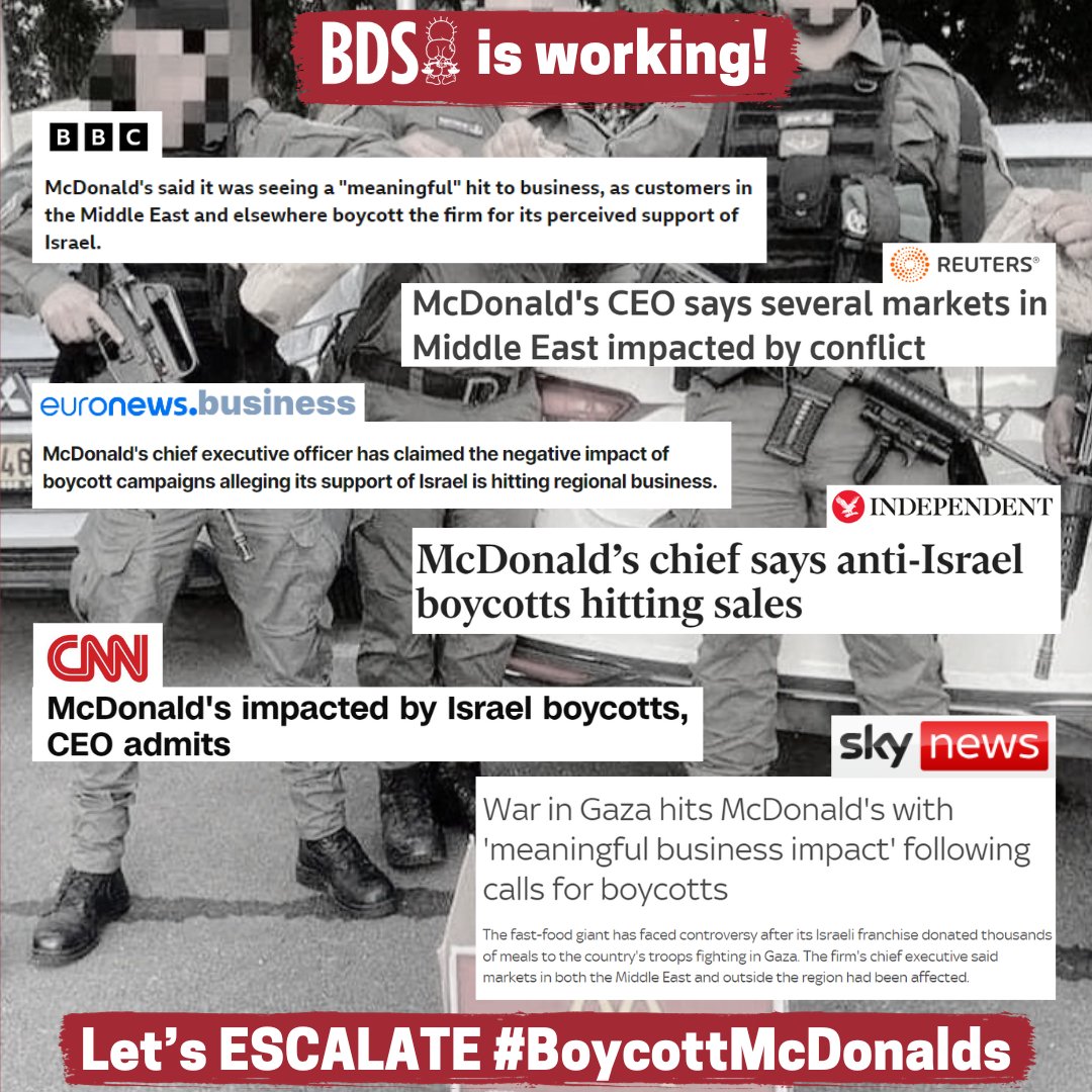 BDSmovement's tweet photo. McDonald's CEO admits #BoycottMcDonalds is working, as several markets are experiencing a "meaningful business impact."

McDonald’s Israel has provided free meals to soldiers carrying out #GazaGenocide. 

Let’s show @McDonalds what boycotts can do!

https://t.co/bdwhV4R99M https://t.co/nPPAV5Osiq