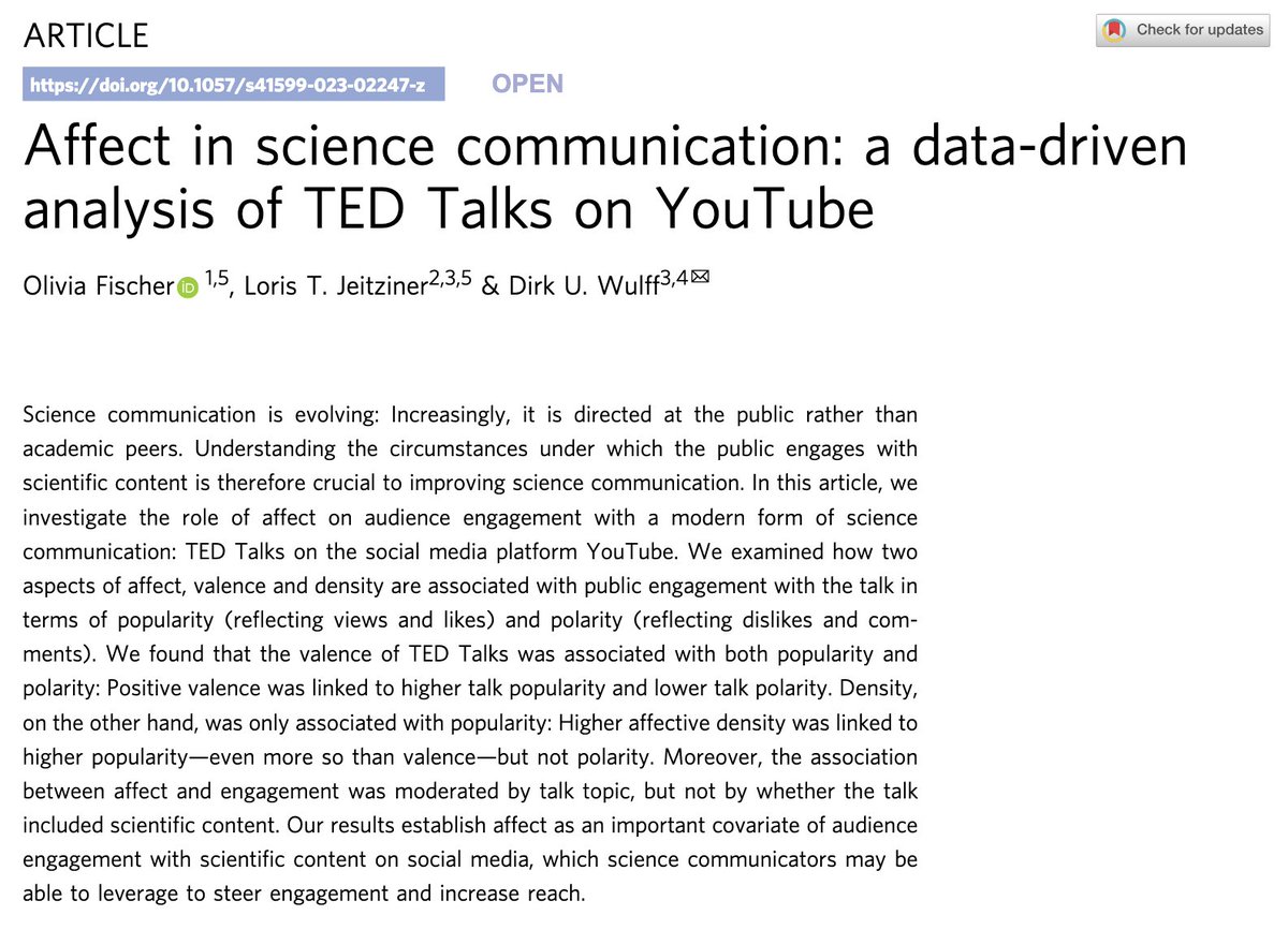 🚨 New article 🚨

Excited to see this work with <a href="/moliviafischer/">Olivia Fischer</a> and @jeitzi93 finally out. In a data-driven analysis of TED talks, we show how the use of affect impacts public engagement with scientific content on YouTube.  

Article: rdcu.be/dvrQb