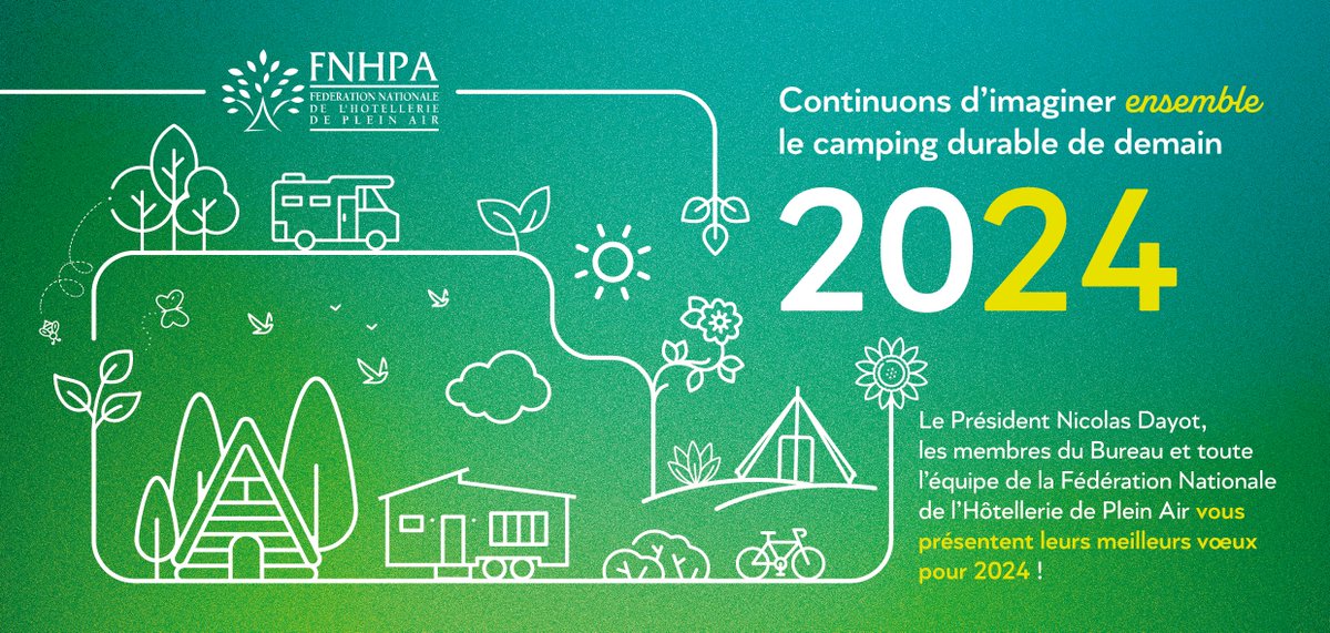FNHPA_Officiel's tweet photo. La @FNHPA_Officiel - Fédération nationale de l'Hôtellerie de plein air 🏕️ vous souhaite une très belle année #2024 !
Comme chaque année, les campings de France 🇫🇷 vous recevront avec le sourire 😀 #bonneannee2024 #meilleursvoeux #campingdurable #FNHPA
https://t.co/mPtjv8uuS8 https://t.co/SYdZ5y0H1E